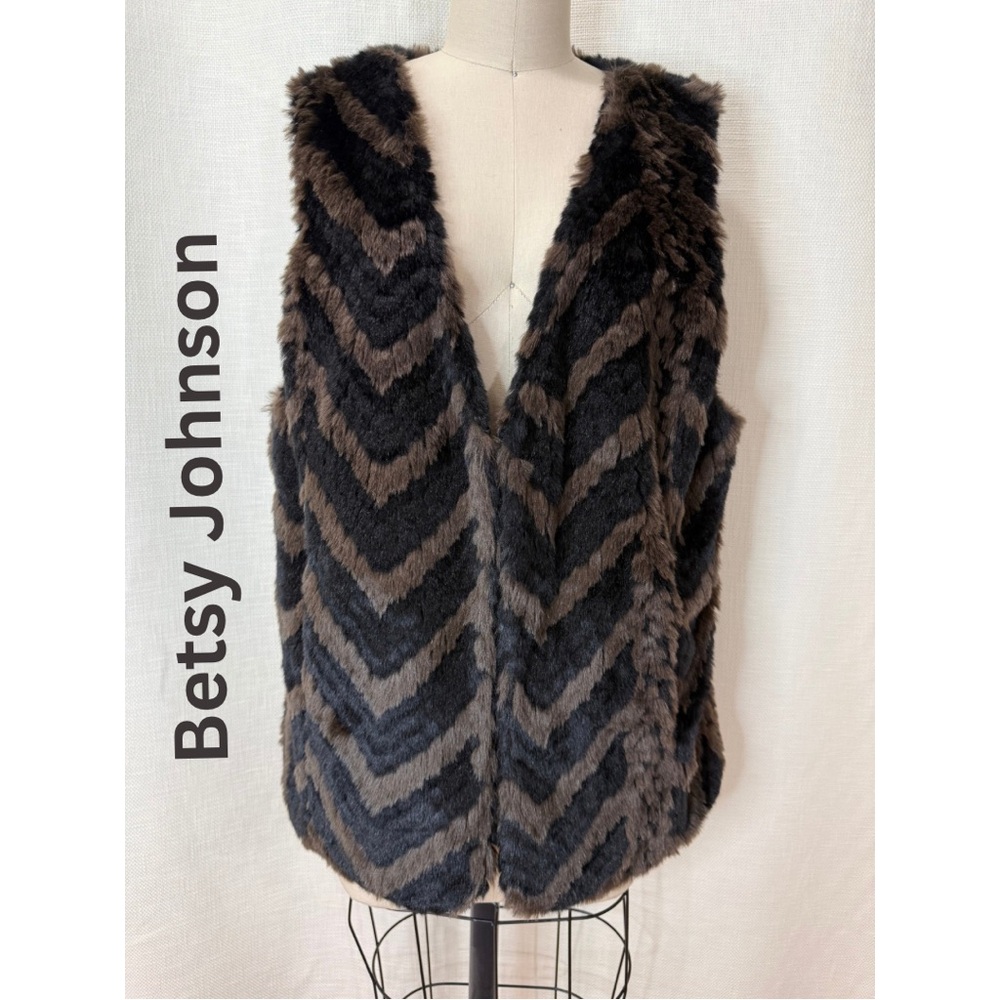 Betsey Johnson Faux Fur Chevron Vest Brown Black Open Front Sz L